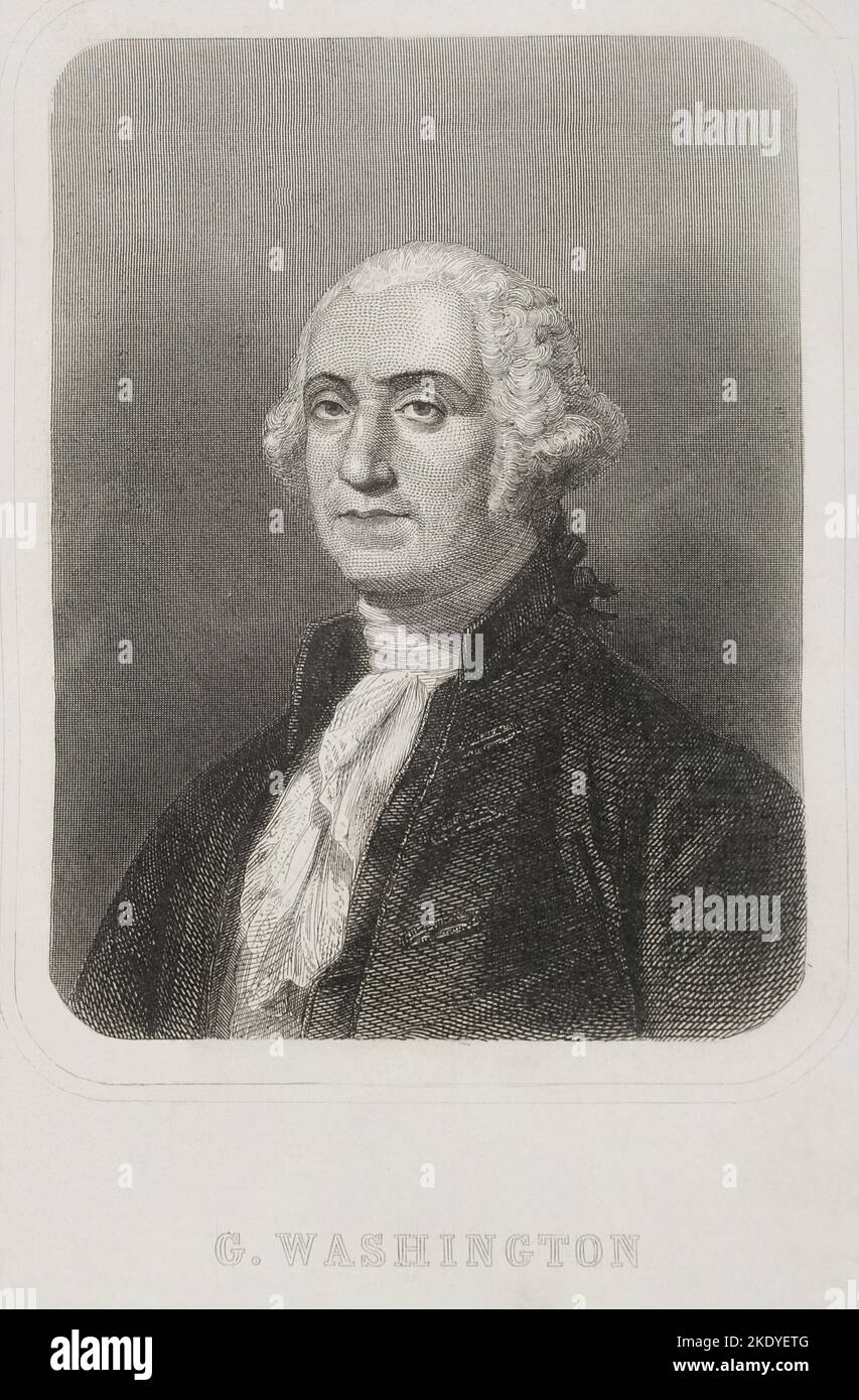 George Washington (1732-1799). 1st President of the United States (1789-1797). Portrait. Engraving. 'Historia Universal' by César Cantú. Volume VI. 1857. Stock Photo