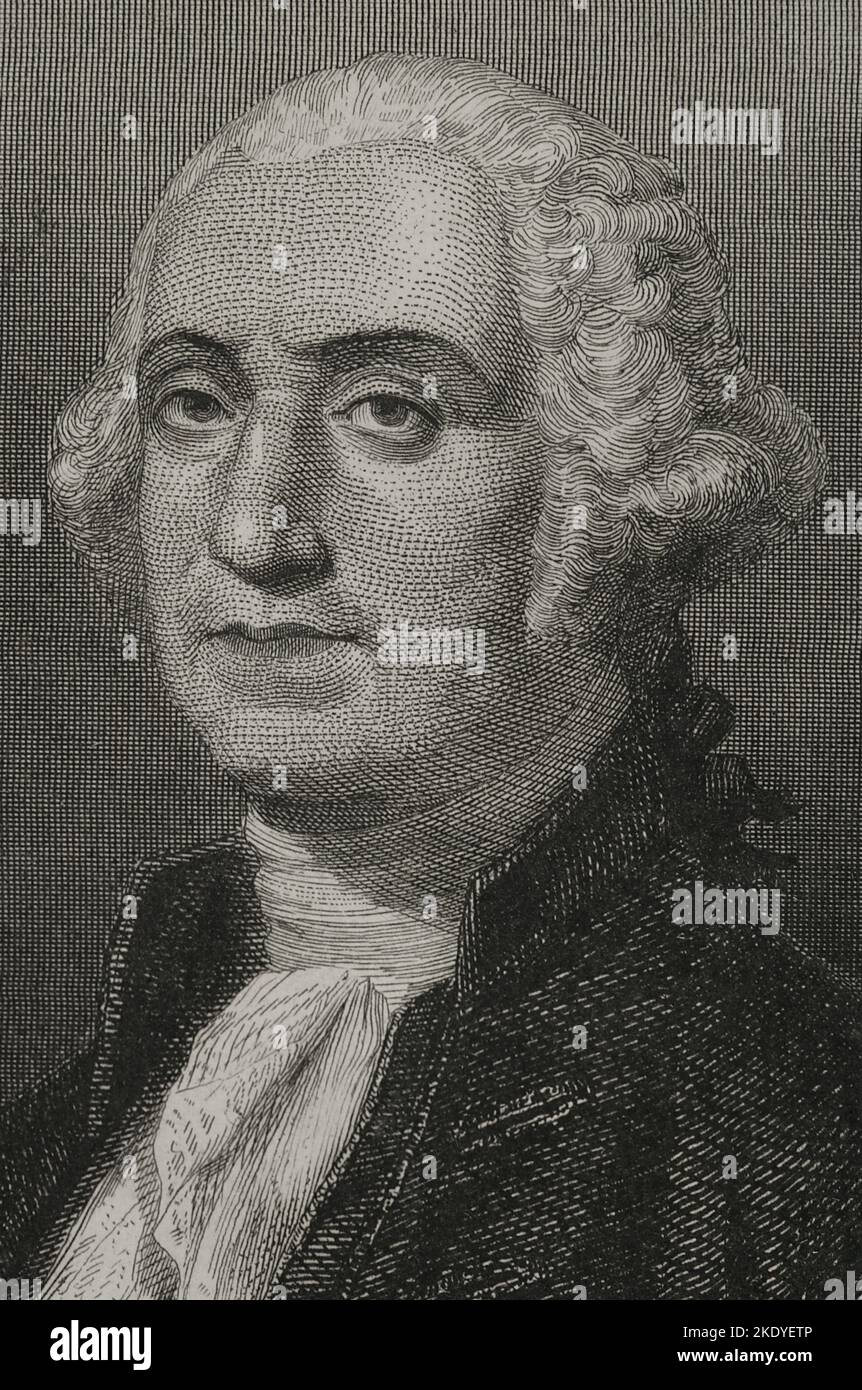 George Washington (1732-1799). 1st President of the United States (1789-1797). Portrait. Engraving. 'Historia Universal' by César Cantú. Volume VI. 1857. Stock Photo