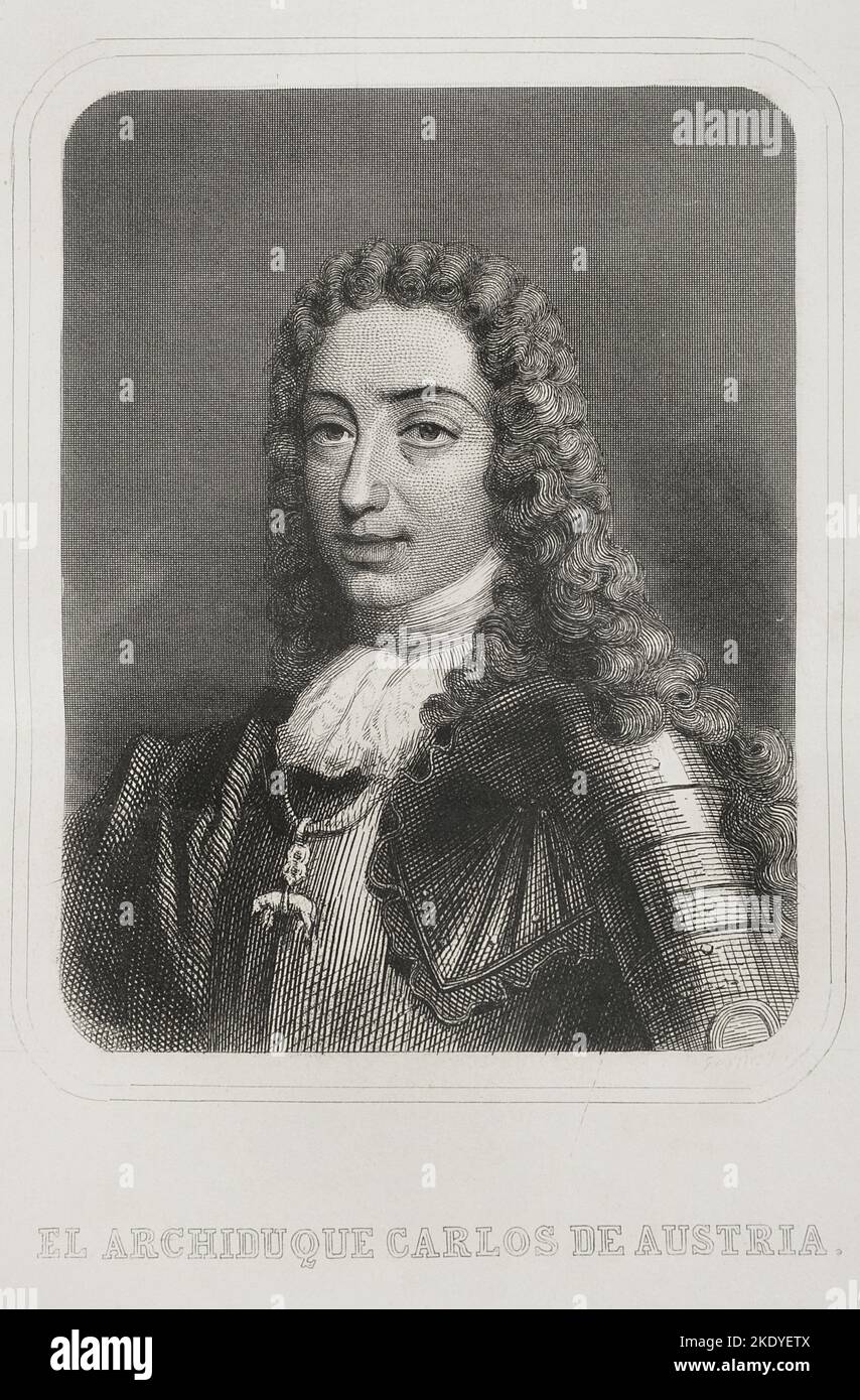 Charles VI (1685-1740). Holy Roman Emperor (1711-1740). Portrait. Pretender to the throne of Spain as Charles III. Engraving by Geoffroy. 'Historia Universal', by César Cantú. Volume VI. 1857. Stock Photo