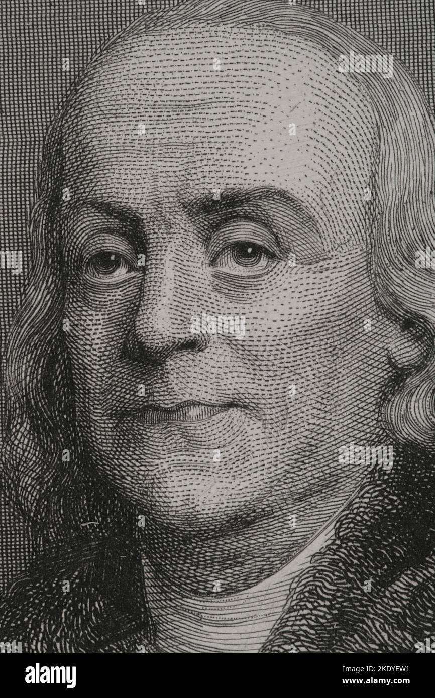 Benjamin Franklin (1706-1790). American scientist, inventor and politician. In 1776 he wrote, with Jefferson and John Adams, the Declaration of Independence of the United States of America. Portrait. Engraving by Geoffroy. Detail. 'Historia Universal', by César Cantú. Volume VI. 1857. Stock Photo