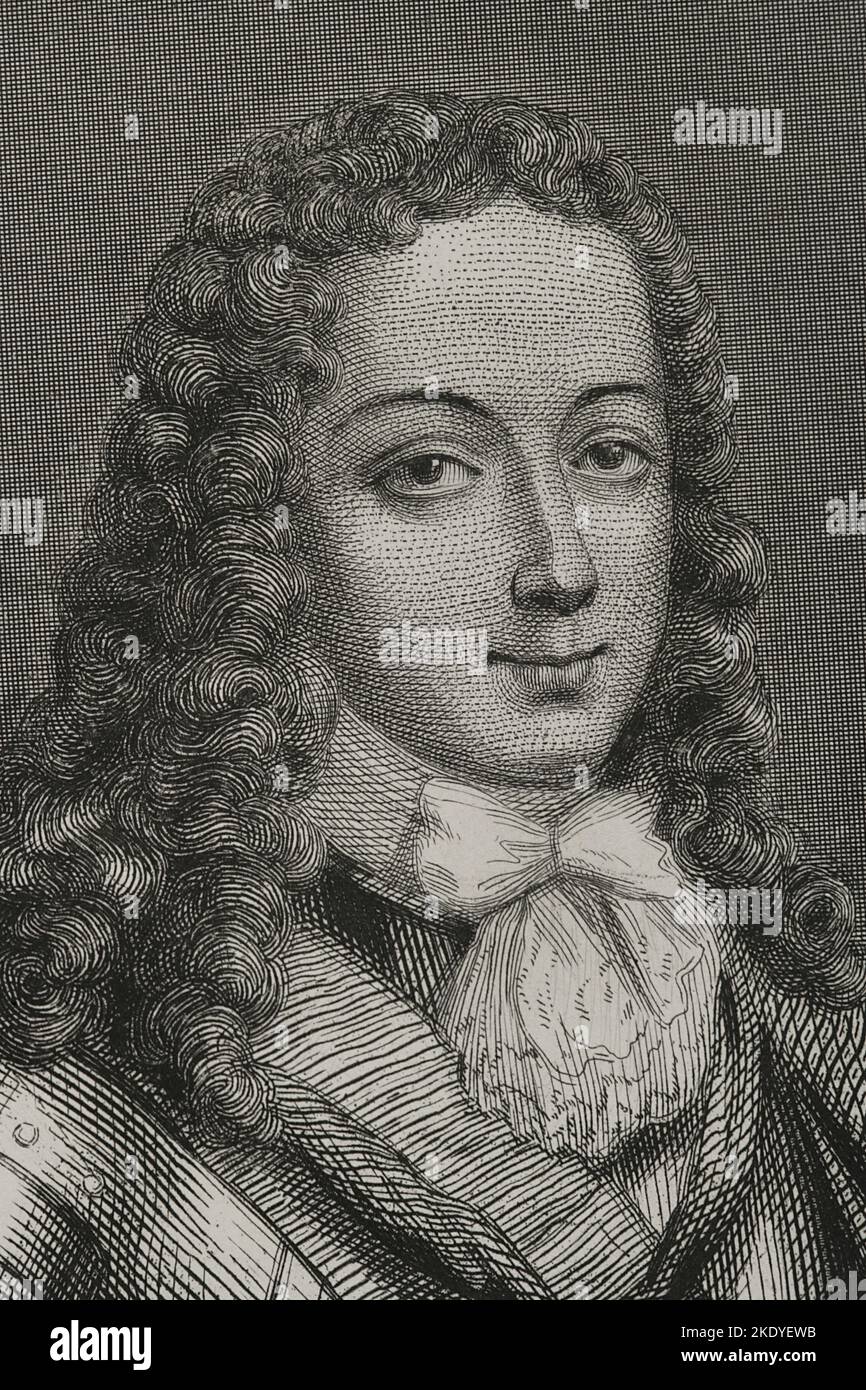 Philip V (1683-1746). King of Spain (1700-1746). Portrait. Engraving by Geoffroy. Detail. 'Historia Universal', by César Cantú. Volume VI. 1857. Stock Photo