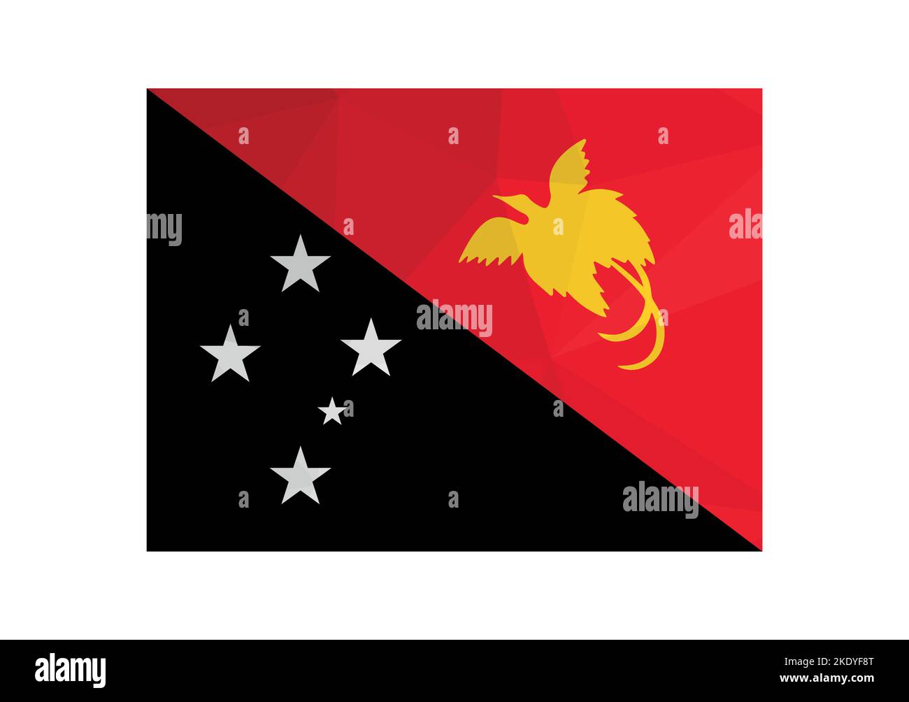 Vector illustration. Official ensign of Papua New Guinea. National flag in red, black colors, yellow bird, white stars. Creative design in low poly st Stock Vector