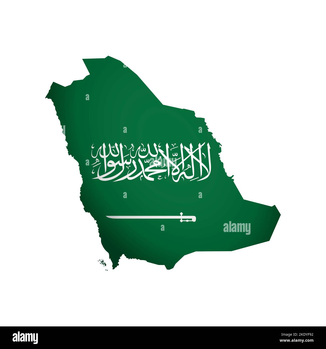 Vector isolated illustration. Official ensign of Saudi Arabia. Flag on national map with Arabic text shahada on green background. Creative design Stock Vector
