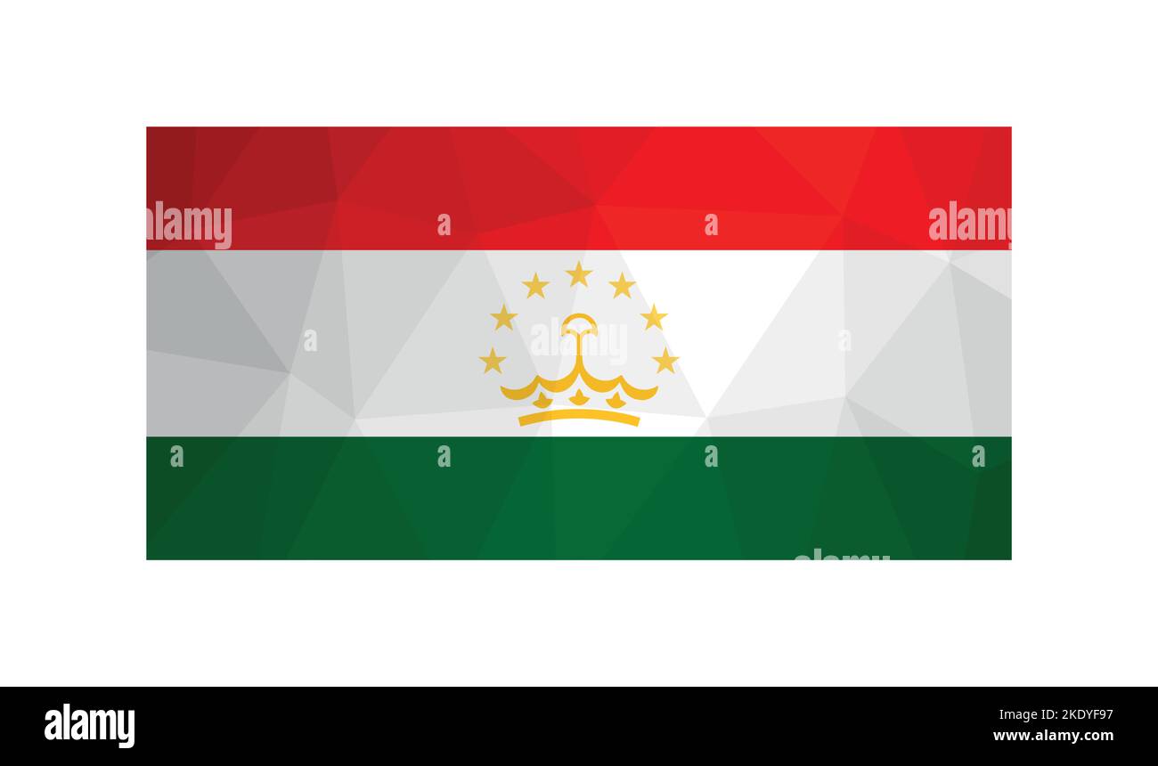 Vector illustration. Official symbol of Tajikistan. National flag with red, green, white stripes. Creative design in low poly style with triangular sh Stock Vector