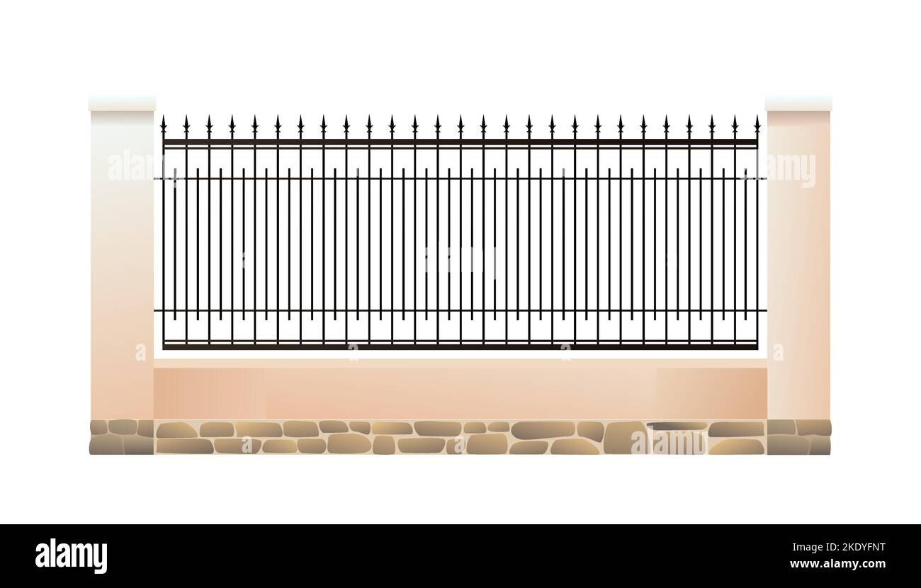 Wrought iron fence with plastered brick pillars and stone foundation. Isolated on white background Vector. Stock Vector