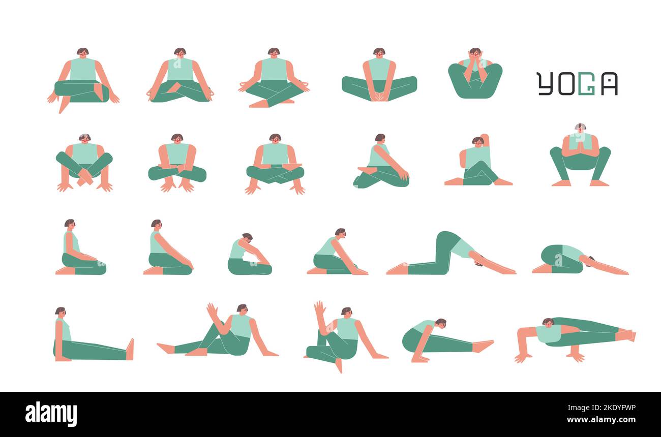 Vector flat isolated illustration collection with female character doing yoga. European woman learns relaxing sitting postures for meditation. Set of Stock Vector