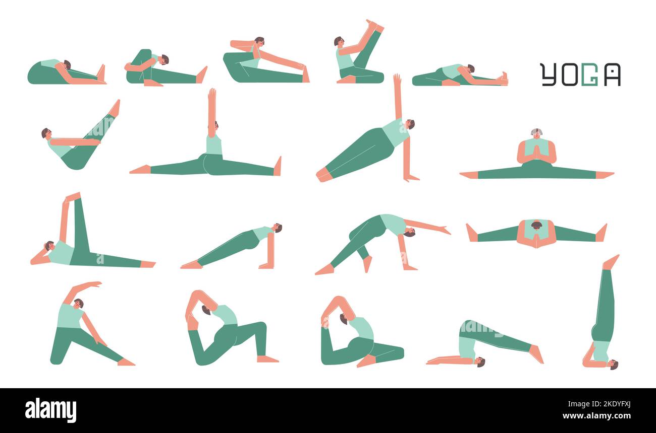 Vector flat illustration collection with female adult character doing yoga. European woman learns sitting stretching postures. Set of basic sports exe Stock Vector