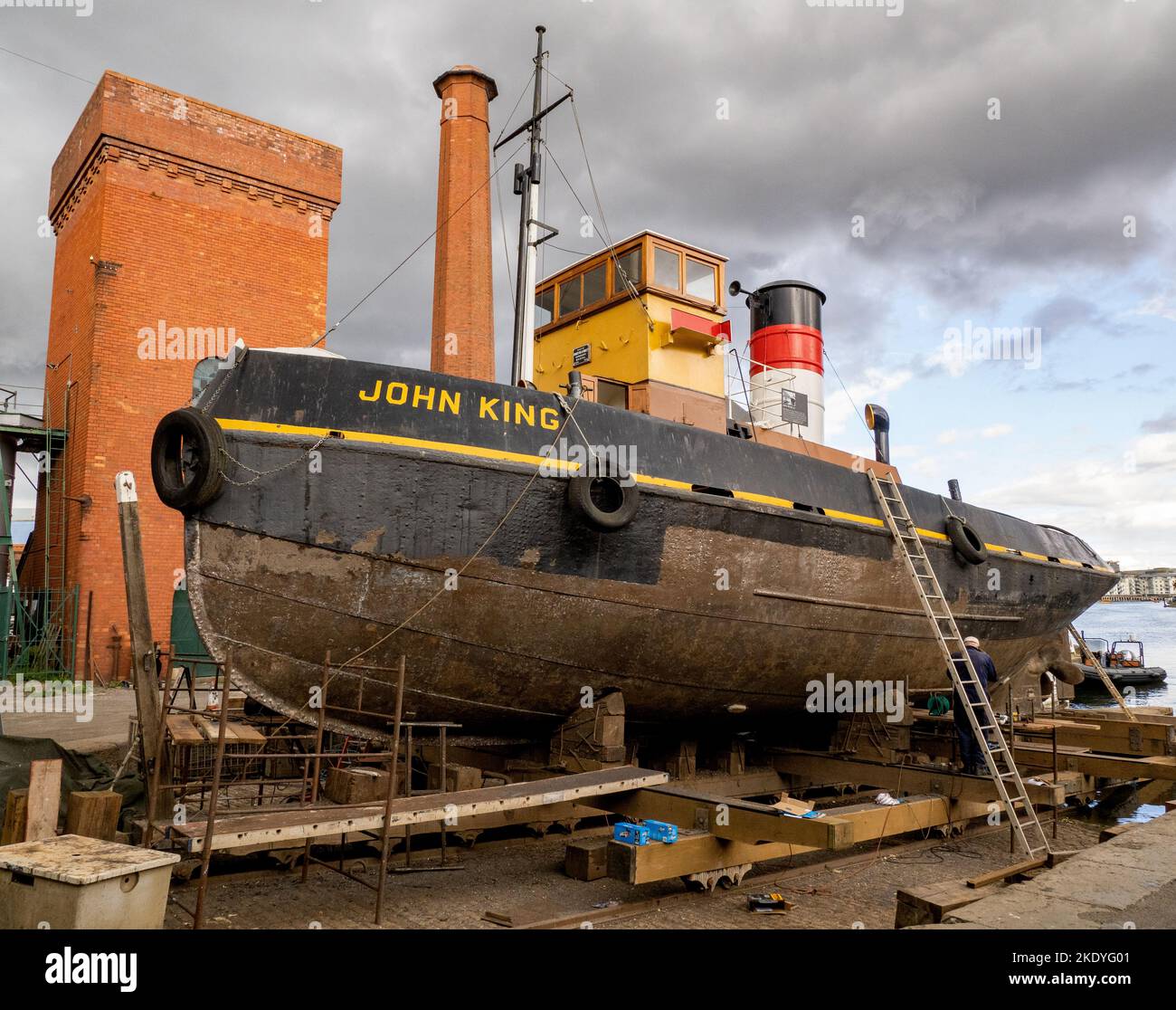 The John King veteran tugboat in dry dock at Underfall Yard in Bristol UK for an overhaul Stock Photo