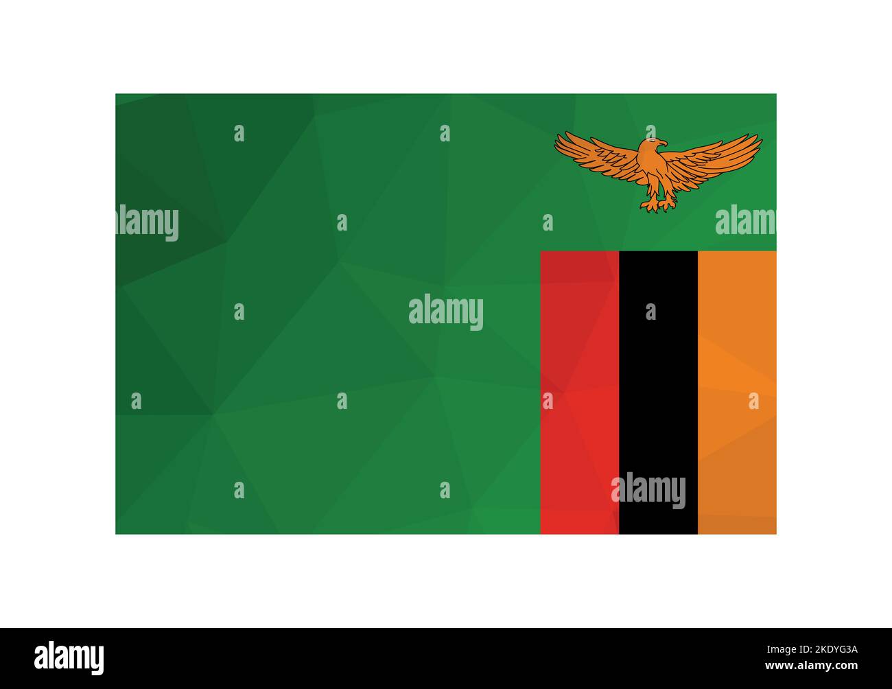 Vector illustration. Official ensign of Zambia. National flag with eagle and red, black, yellow stripes on green background. Creative design in low po Stock Vector
