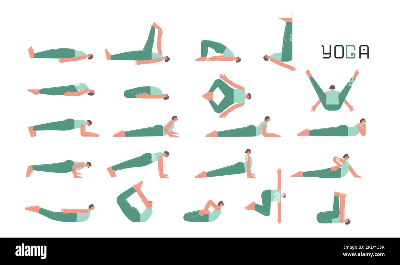 Vector flat isolated illustration collection with female character doing yoga. Caucasian woman learns lying on back and plank postures. Set of basic s Stock Vector