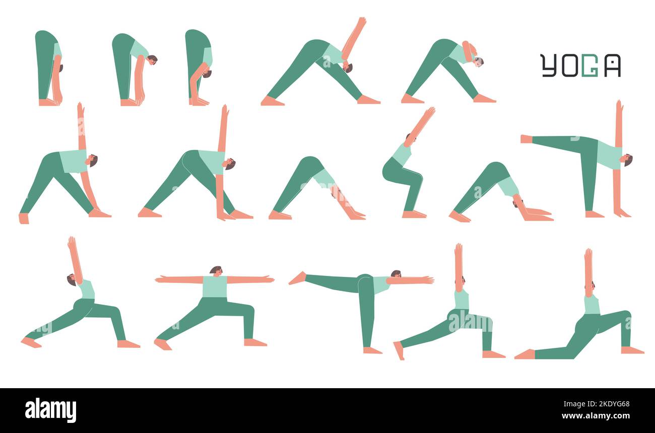 Vector flat isolated concept collection with female character doing yoga. Caucasian woman learns stretching postures with bend. Set of sports balance Stock Vector