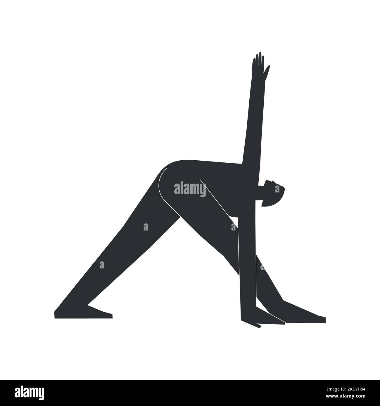 Vector isolated illustration with flat black silhouette of female character. Sportive woman learns yoga posture Parivrtta Trikonasana. Fitness exercis Stock Vector