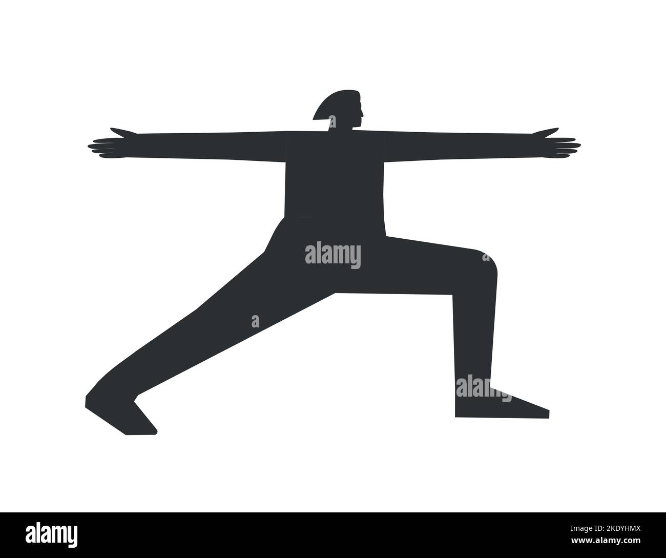 Vector isolated illustration with flat black silhouette of female character. Sportive woman learns yoga posture Virabhadrasana II. Fitness exercise - Stock Vector