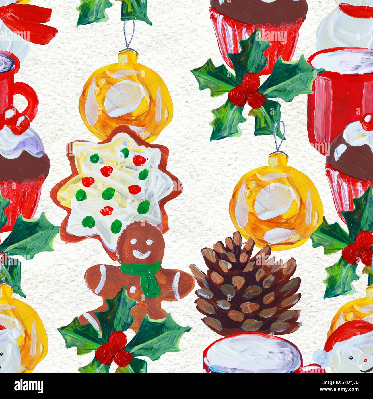 Watercolor Christmas seamless pattern. Hand painted holiday objects ...