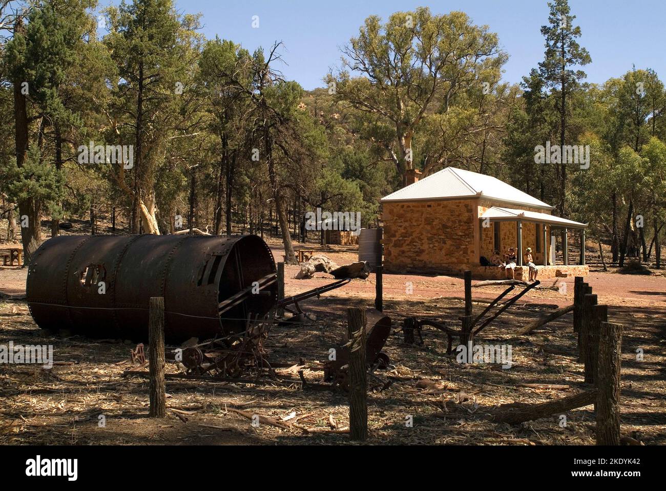 Wilpena, Australia - January 29, 2008: Unidentified tourists rest on old Hills homestead in Wilpena Stock Photo