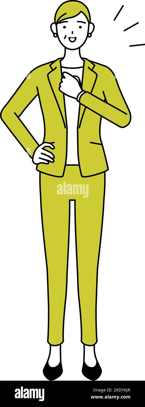 Simple line drawing illustration of a Senior woman in suit,female manager, career woman tapping his chest. Stock Vector