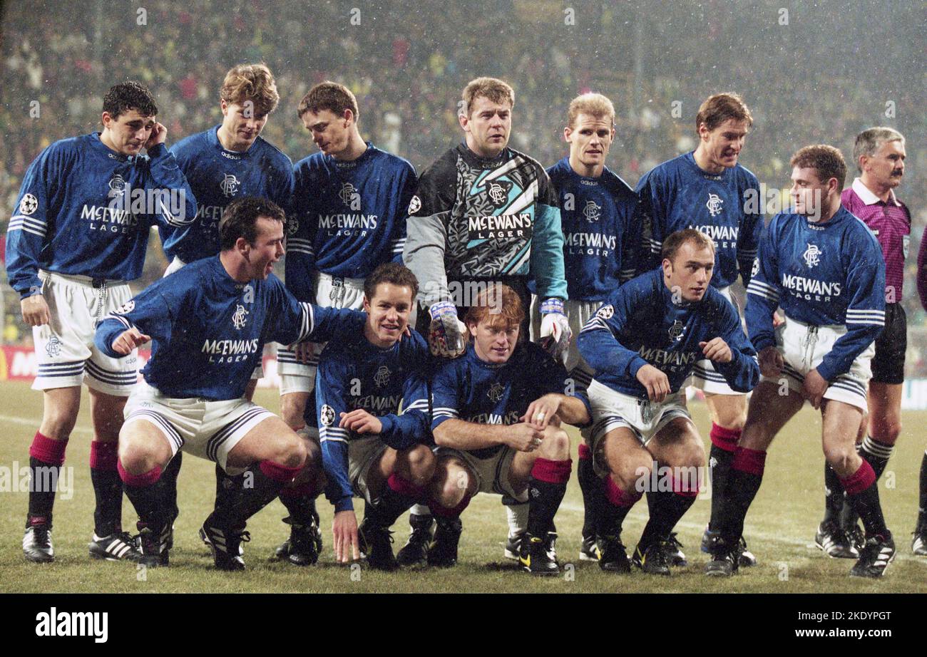 firo: 06.12.1995 football: football: archive photos, archive photo, archive photos, archive CHL Champions League, group phase season 1995/1996 95/96 BVB, Borussia Dortmund - Rangers FC Glasgow 2:2 team photo, team photo Glasgow Gary Bollan David Robertson Alan McLaren Richard Gough Alec Cleland Charlie Miller Stuart McCall Paul Gascoigne Brian Laudrup Gordon Durie Stock Photo