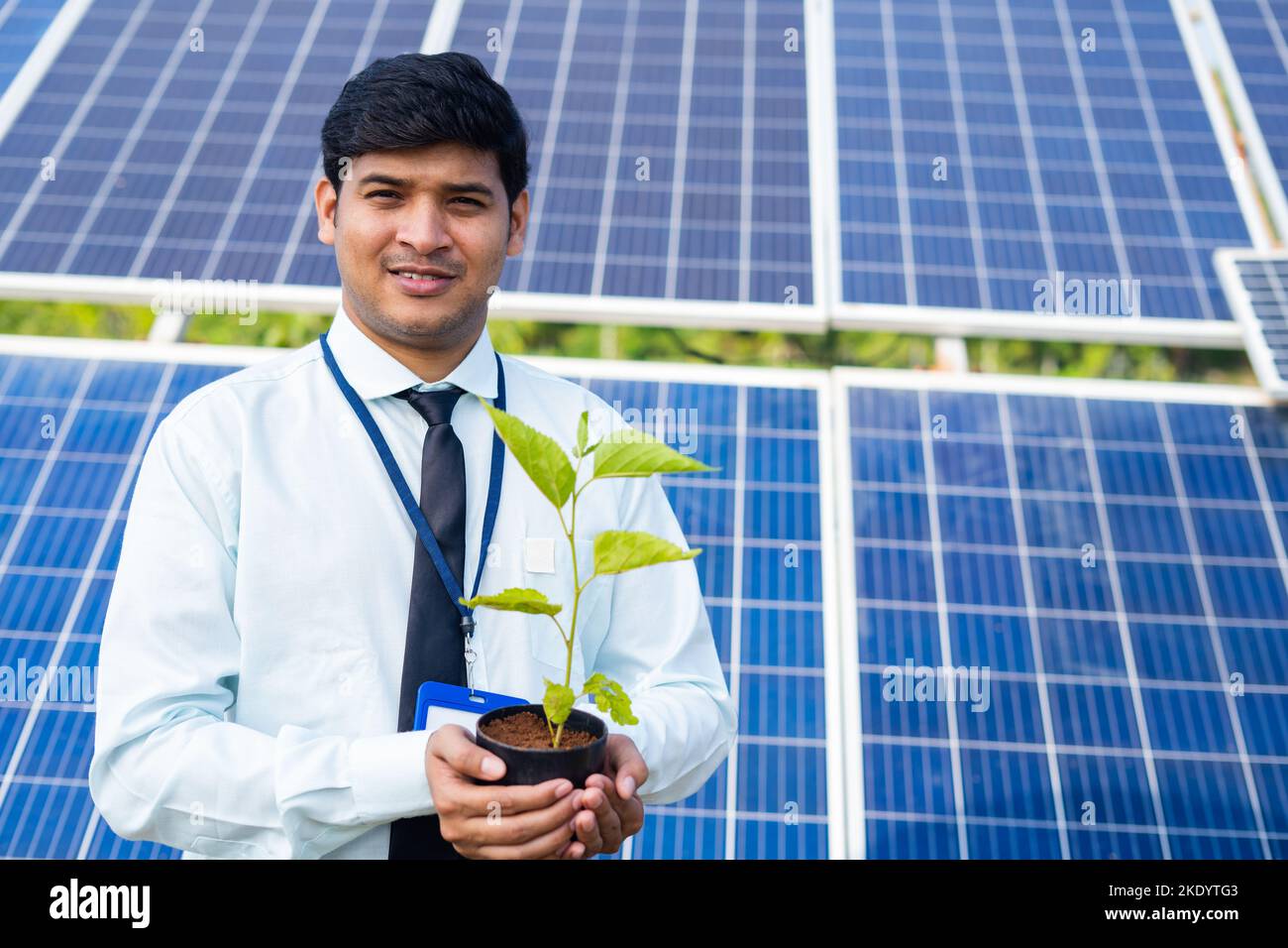 banker holding tree plant in hand in front of solar panel by looking at camera - concept of environmental growth, sustainable lifestyle and renewable Stock Photo