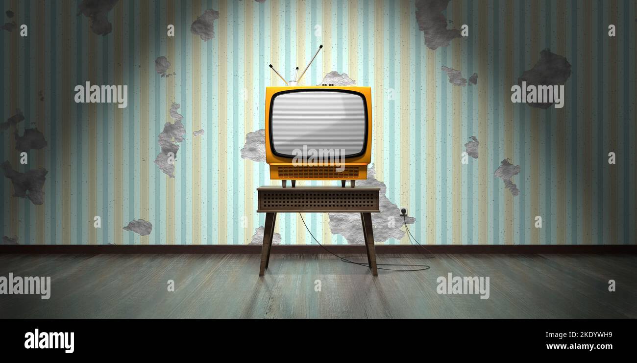 Retro television set, wallpaper with vertical stripes on cracked wall - 3D illustration Stock Photo