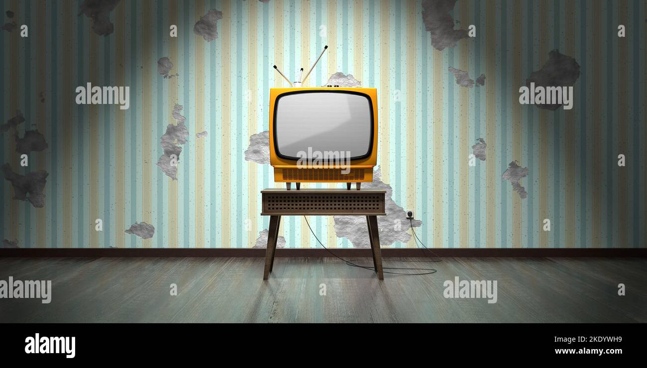 Retro television set, wallpaper with vertical stripes on cracked wall 3D illustration Stock