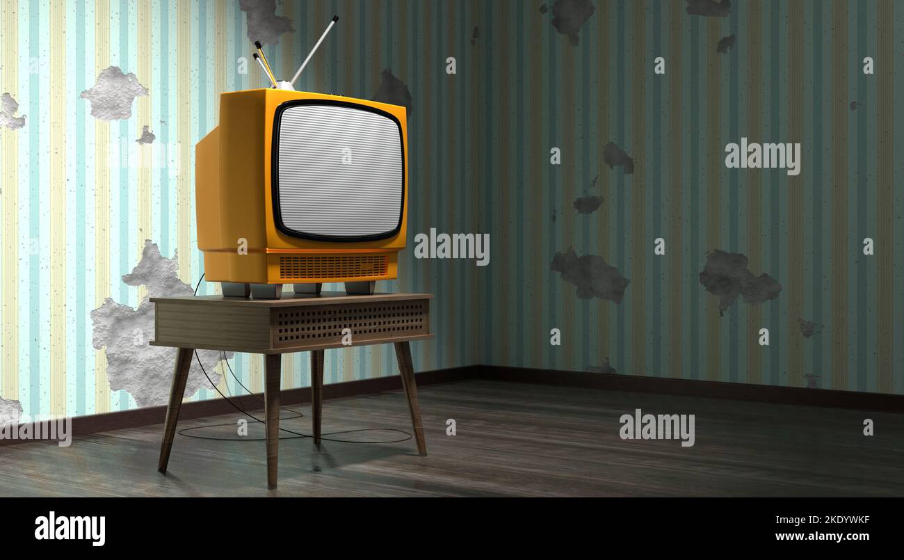 Retro television set, wallpaper with vertical stripes on cracked wall - 3D illustration Stock Photo