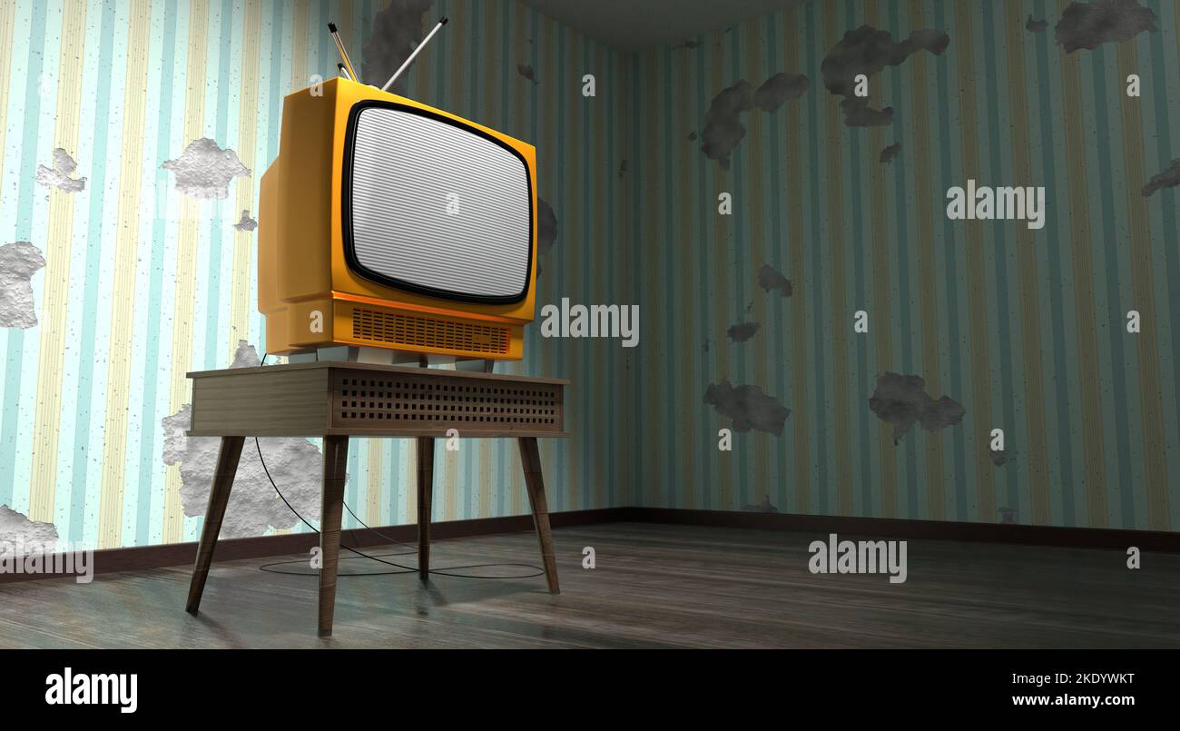 Retro television set, wallpaper with vertical stripes on cracked wall 3D illustration Stock