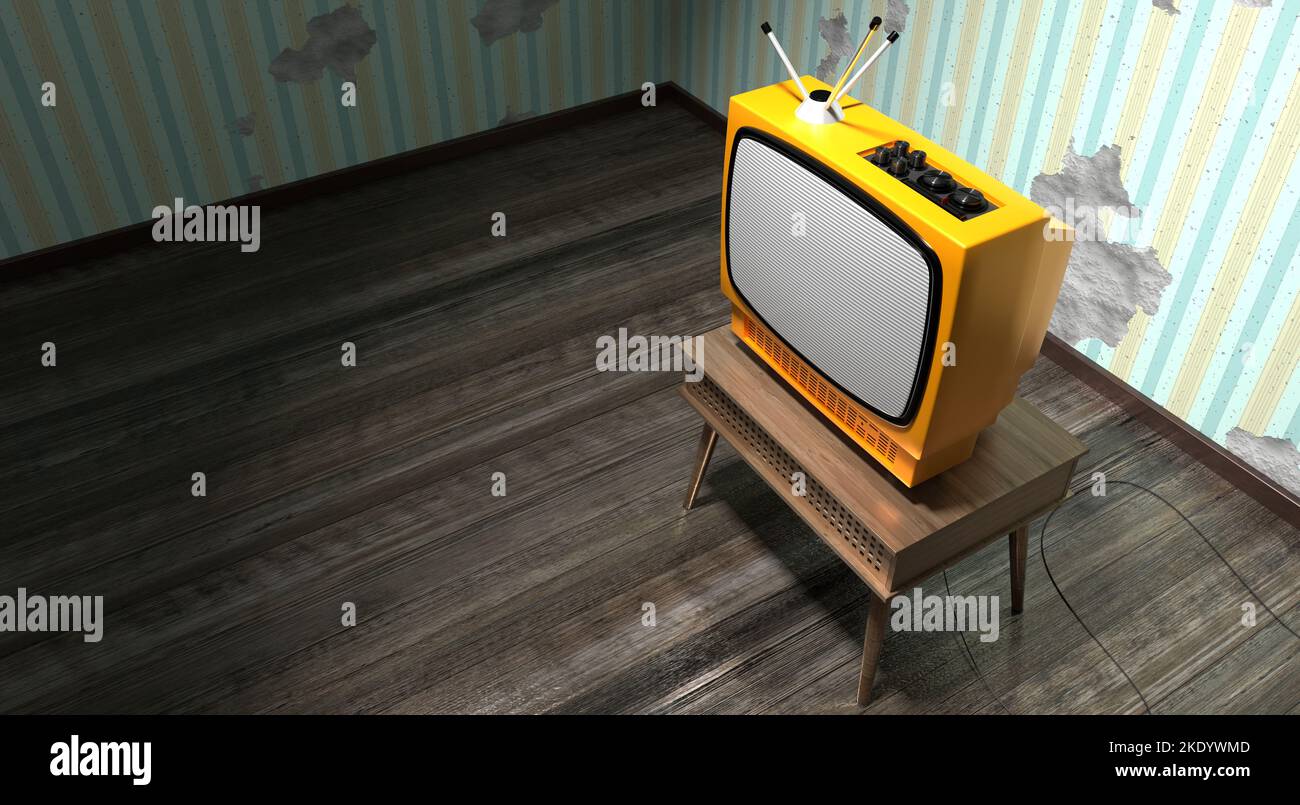 Retro television set, wallpaper with vertical stripes on cracked wall - 3D illustration Stock Photo