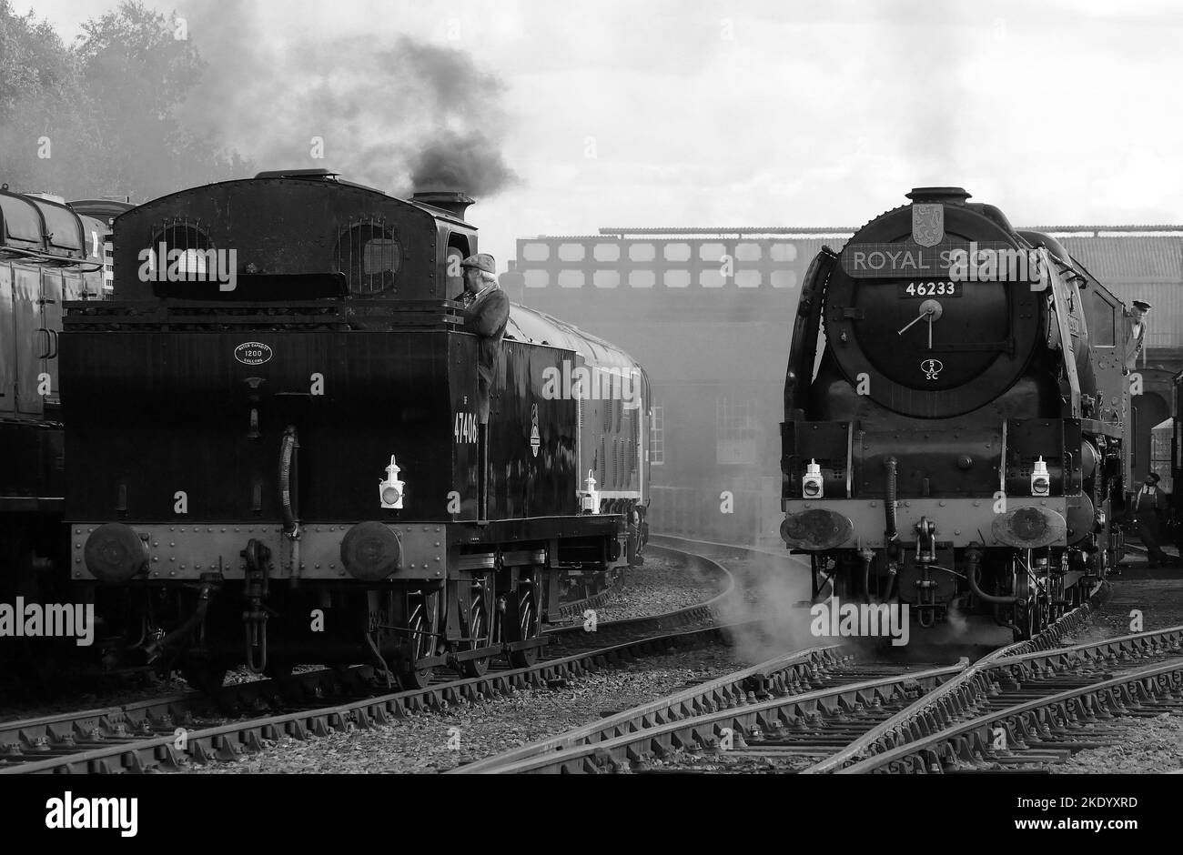 'Duchess of Sutherland' on shed with '47406' at Barrow Hill. Stock Photo