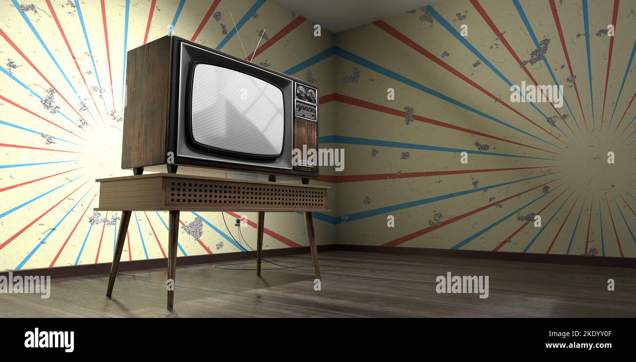Vintage, retro television set, wallpaper with burst stripes on cracked wall - 3D illustration Stock Photo