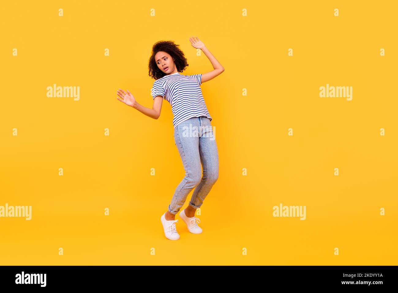 Full body photo of nervous young person stand tiptoe balancing fall ...