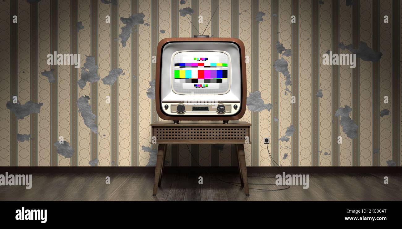 Vintage, retro television set, wallpaper with vertical stripes on cracked wall 3D illustration