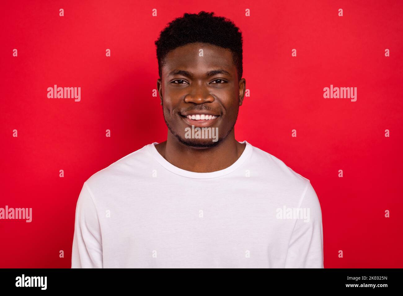 Photo of satisfied glad person toothy beaming smile look camera ...