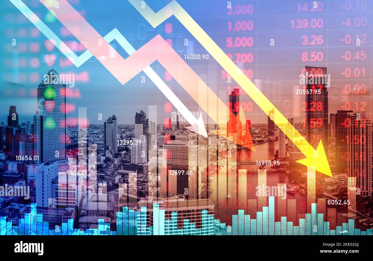 The digital indicators and declining graphs of a stock market crash