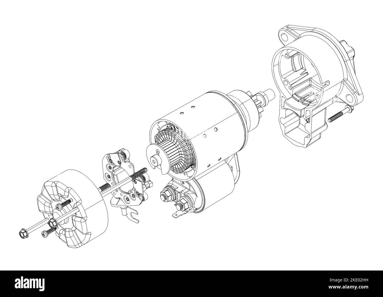 Car starter in black and white, 3D rendering isolated on white