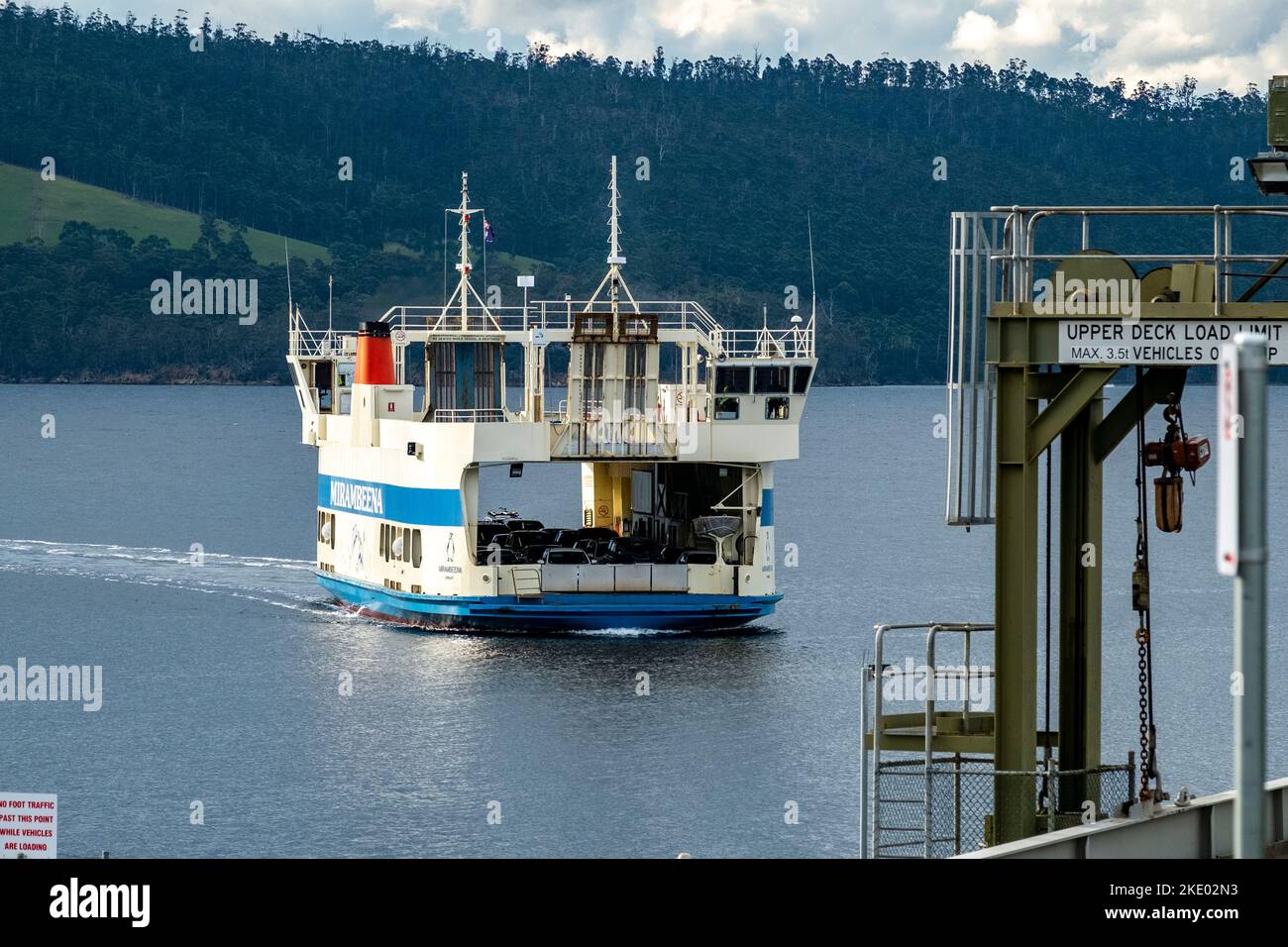 The Bruny Island ferry, Mirambeena, comes in to the jetty on Bruny Island, Tasmania crossing