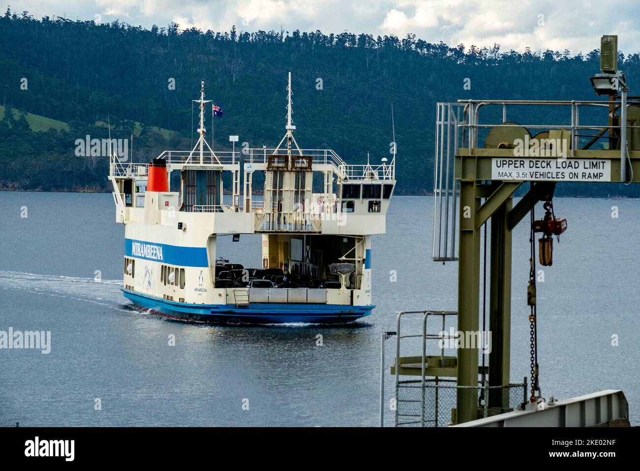 The Bruny Island ferry, Mirambeena, comes in to the jetty on Bruny Island, Tasmania crossing
