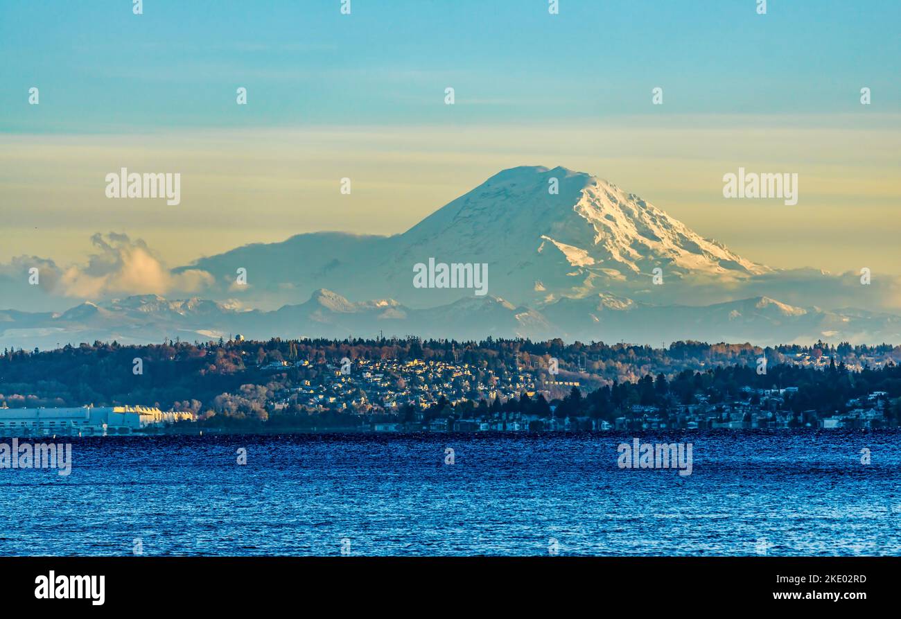 Seattle Mount Rainer Park A view of Mount Rainier from Seward Park in Seattle, Washington Stock ...