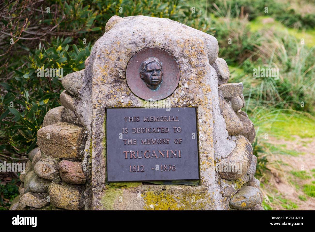 Monument to well-known historical Tasmanian aboriginal  women, Truganini at the lookout on Bruny Island. Stock Photo