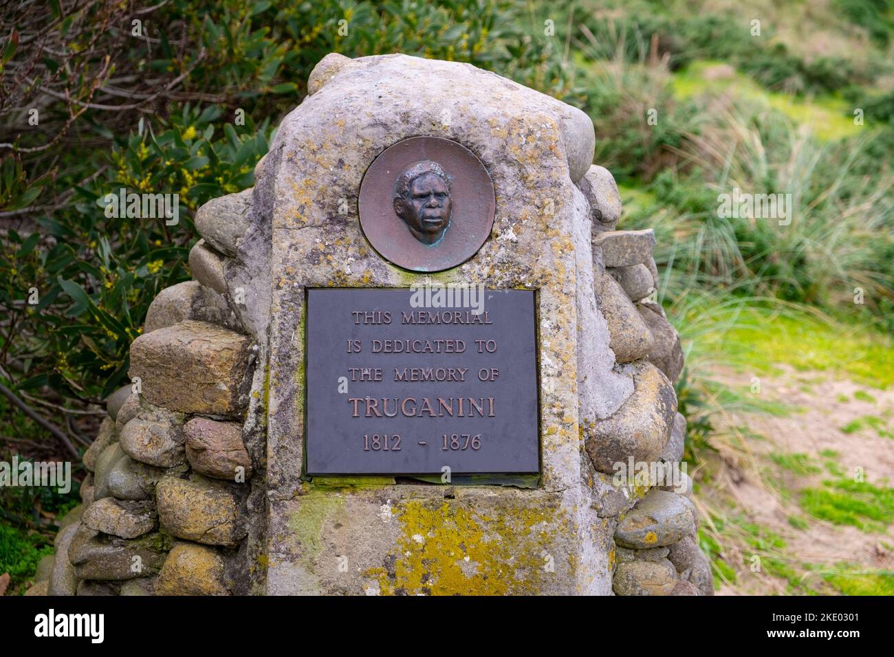 Monument to well-known historical Tasmanian aboriginal  women, Truganini at the lookout on Bruny Island. Stock Photo