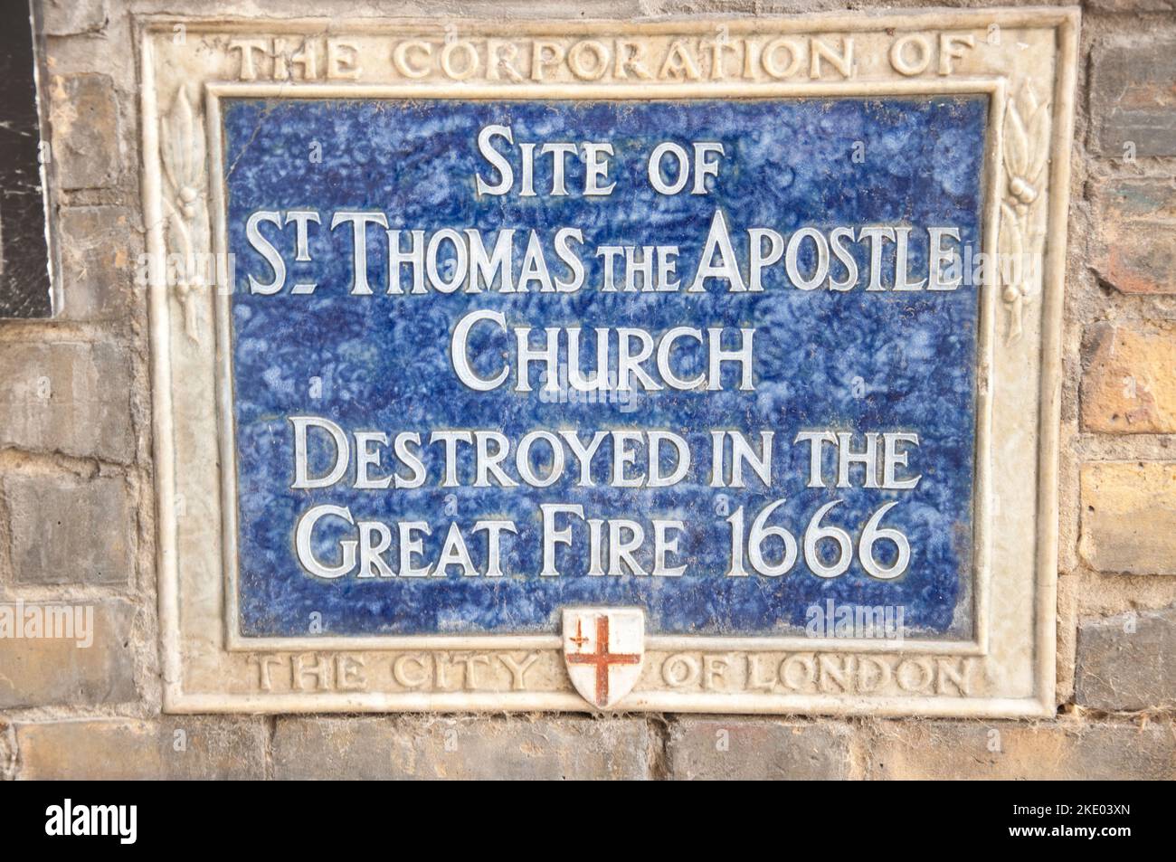 Plaque commemorating the Church of St Thomas the Apostle, destroyed in the Great Fire (1666),  City of London, London, UK Stock Photo