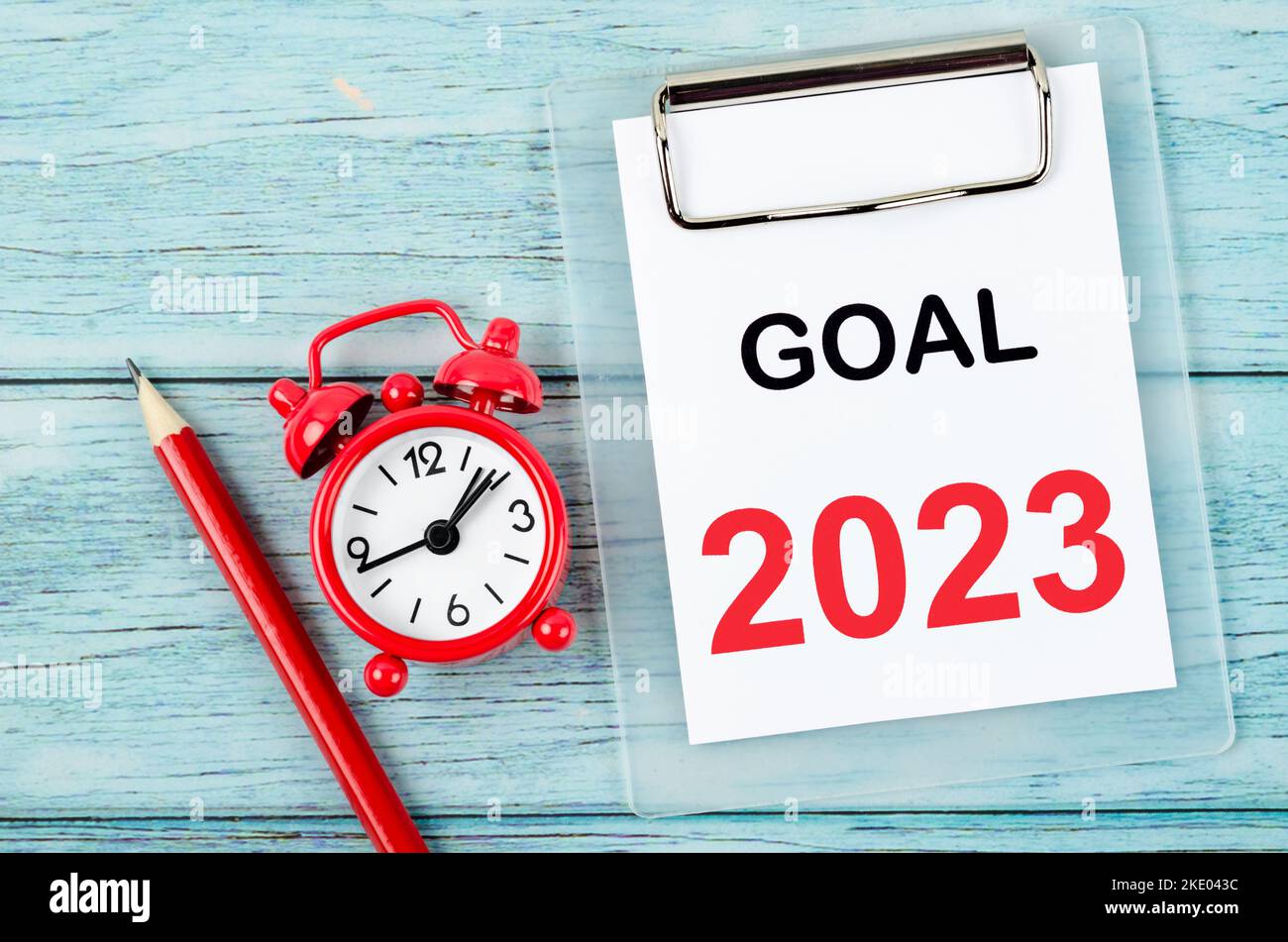 Goal 2023, Goal and Target Setting List for 2023 year with alarm clock