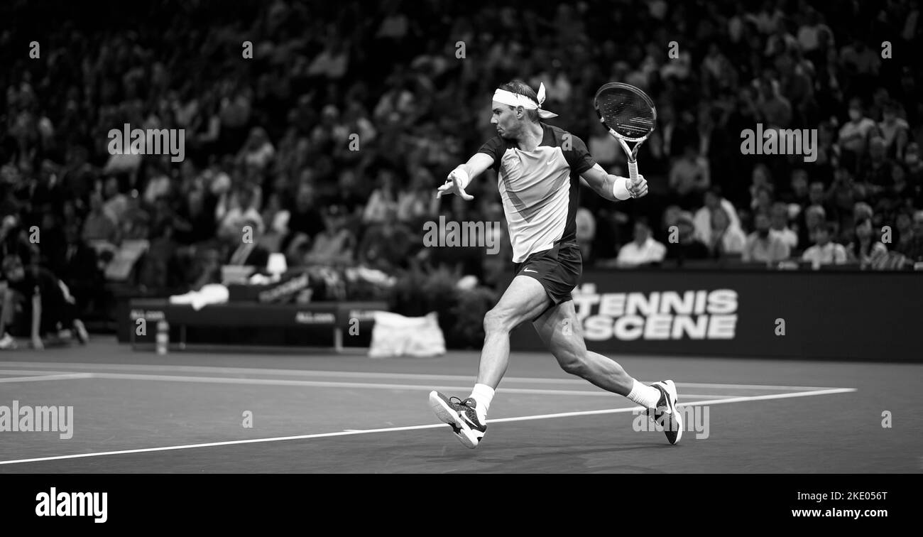Rafael "Rafa" Nadal of Spain hits a forehand during the Rolex Paris