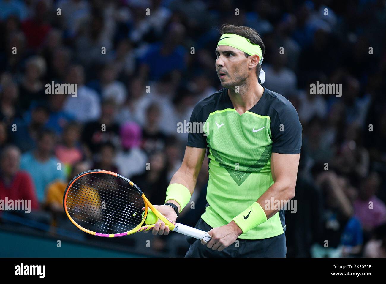 Rafael "Rafa" Nadal of Spain serves (serve, service) during the Rolex