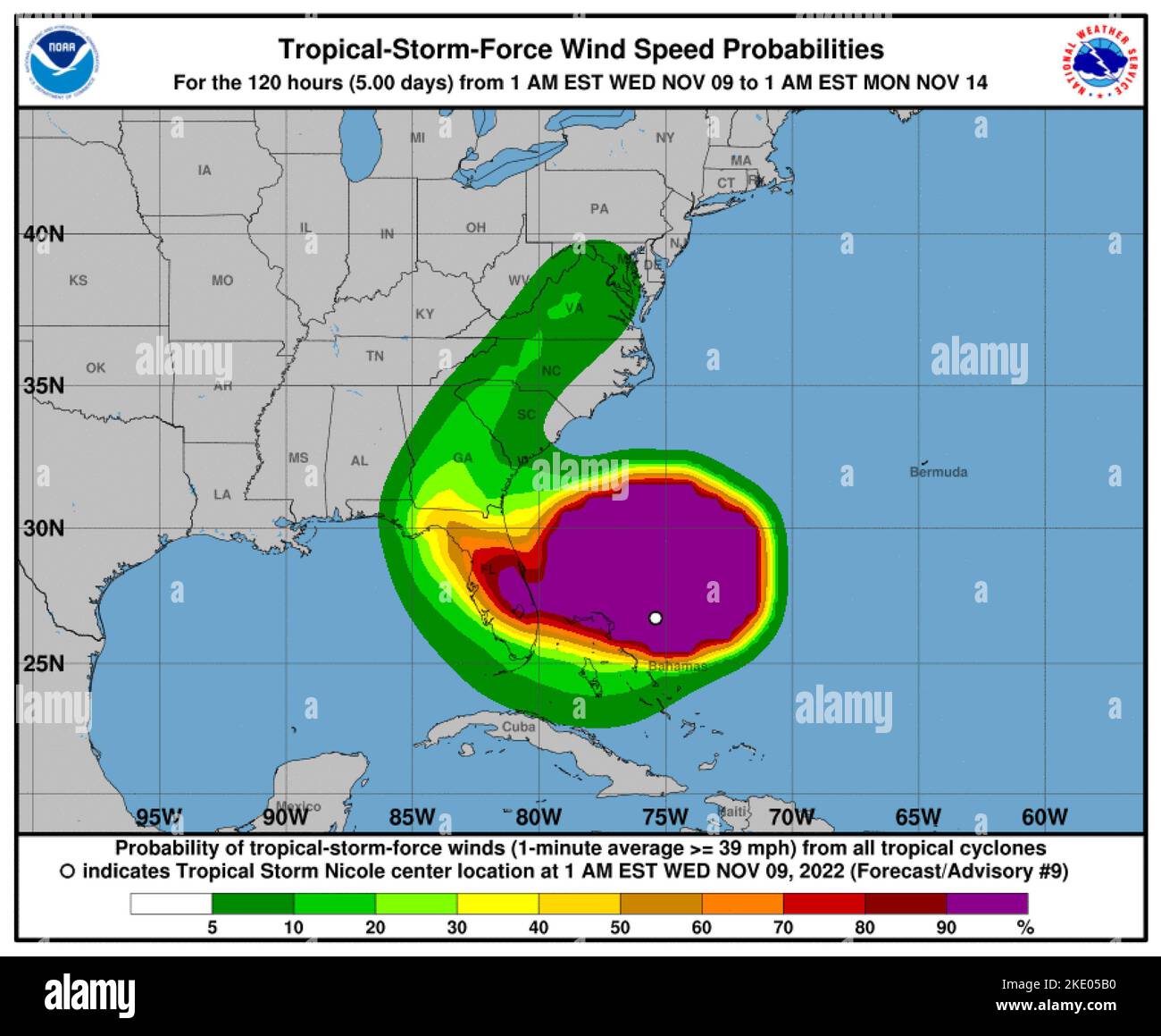 Washington, United States. 09th Nov, 2022. Hurricane conditions are expected for the northwest Bahamas and the east coast of Florida as Tropical Storm Nicole gathers strength on Wednesday, November 9, 2022. In its 4 a.m. EST update on Wednesday, the National Hurricane Center said that Nicole was approximately 90 miles east-northeast of Great Abaco Island in the northwestern Bahamas and about 270 miles east of West Palm Beach on Florida's east coast. Nicole's maximum sustained winds are picking up at 70 mph with higher gusts. NOAA/UPI Credit: UPI/Alamy Live News Stock Photo