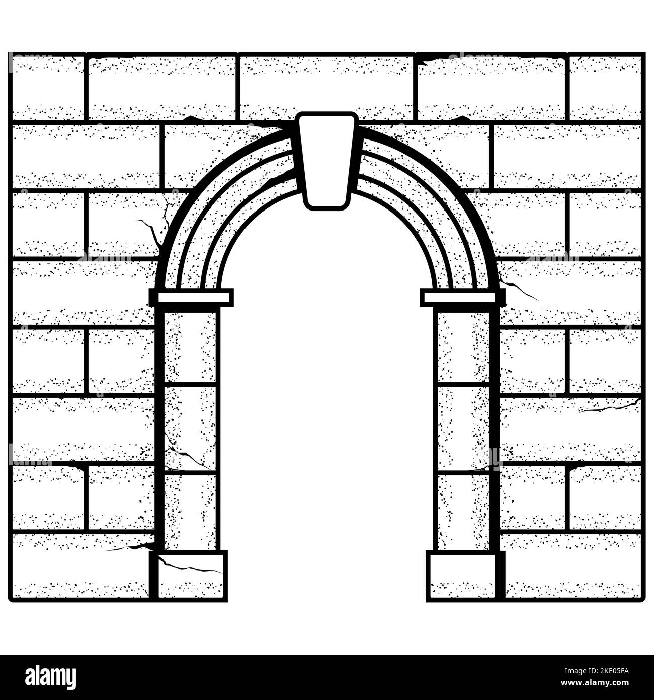Ancient roman stone arch and brick wall, medieval entrance with antique stone archway, castle fairy-tale pass, vector Stock Vector