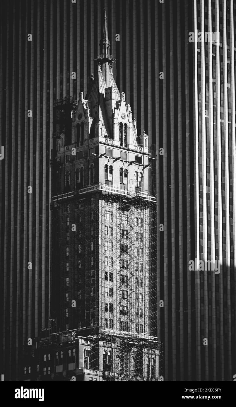 A vertical grayscale of the Woolworth building in New York being renovated Stock Photo