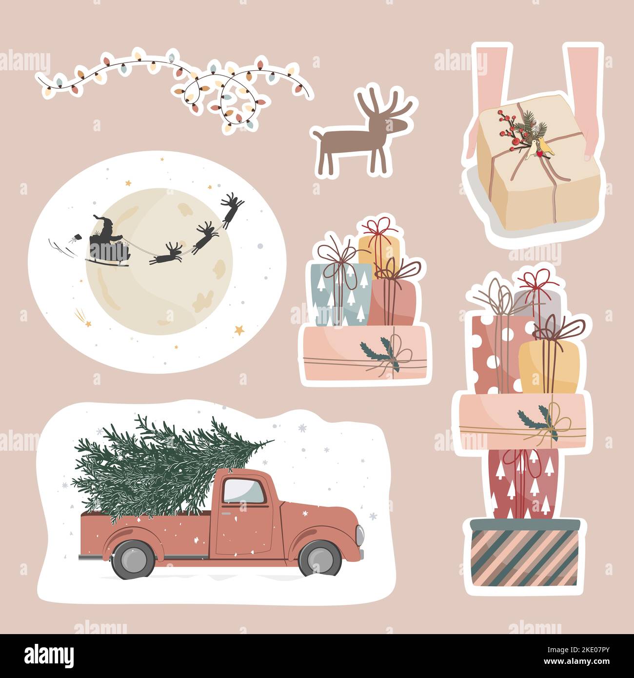 Christmas, New Year cute symbols sticker set. Santa Claus with deer herd, pile of gift boxes, cartoon deer, pickup car with Xmas tree. Vector isolated Stock Vector