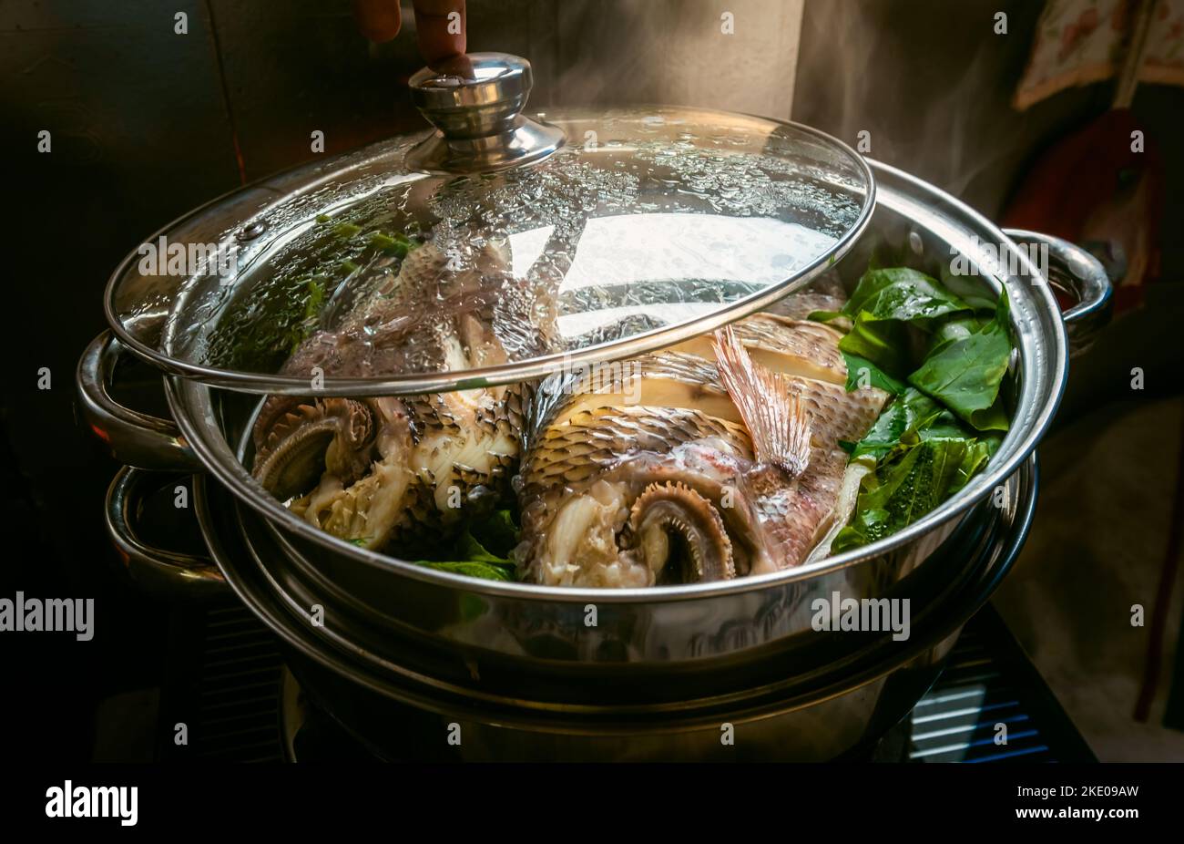 Two fish in a steamer set on the stove. The lid was open and smoke