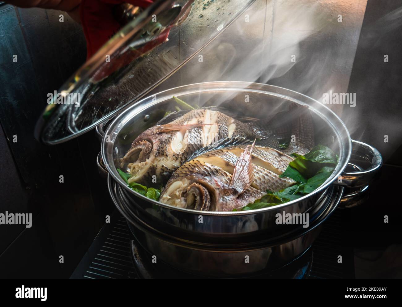 Two fish in a steamer set on the stove. The lid was opened and smoke