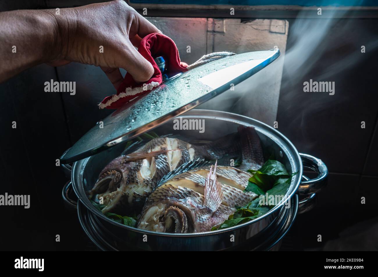 Two fish in a steamer set on the stove. The lid was opened and smoke